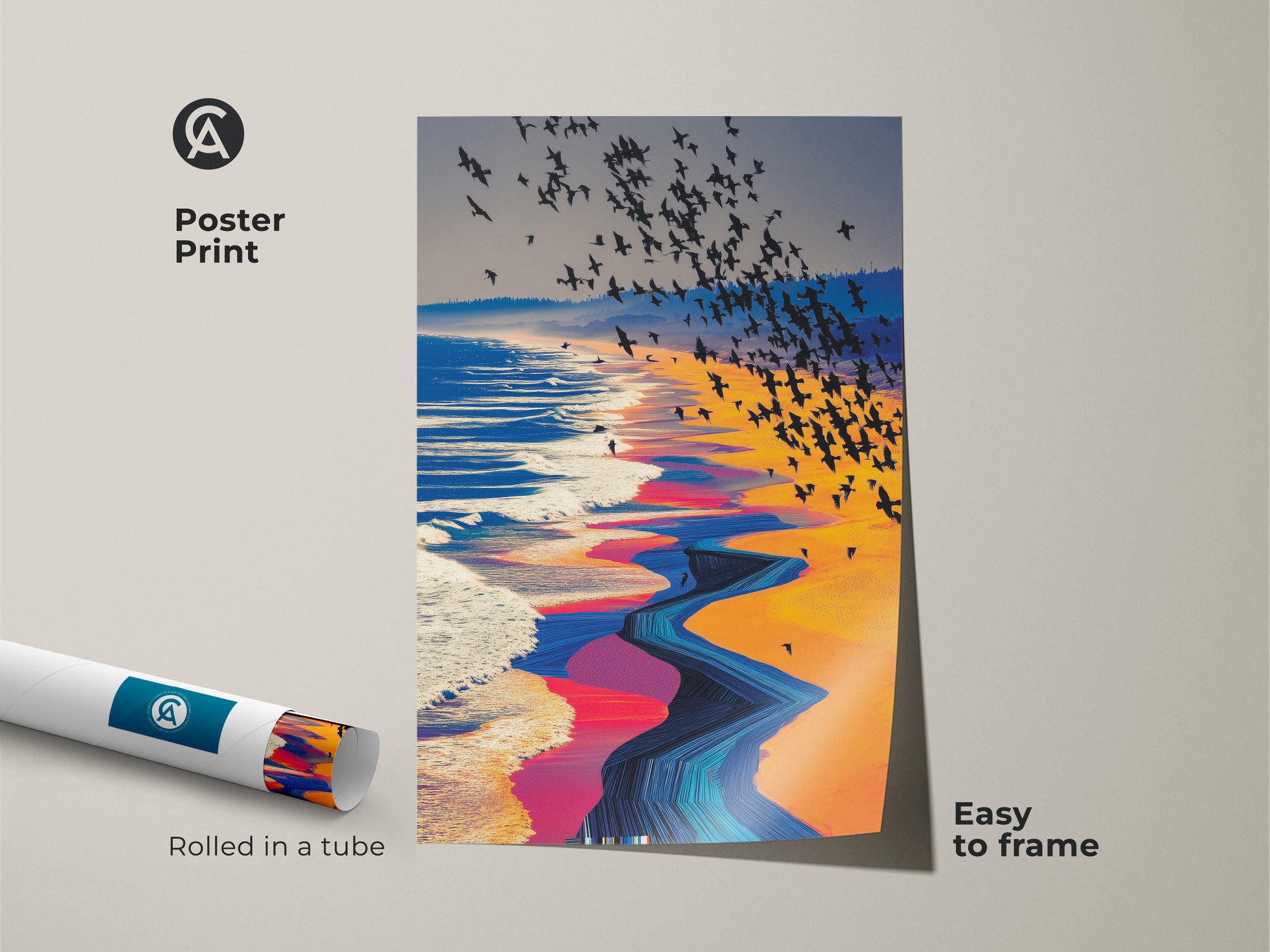 An easy-to-frame poster print presents a surreal beach scene. A flock of birds soars above abstract ocean waves in this nature landscape artwork. The print features a vibrant palette of orange yellow blue enhancing any eclectic wall decor.