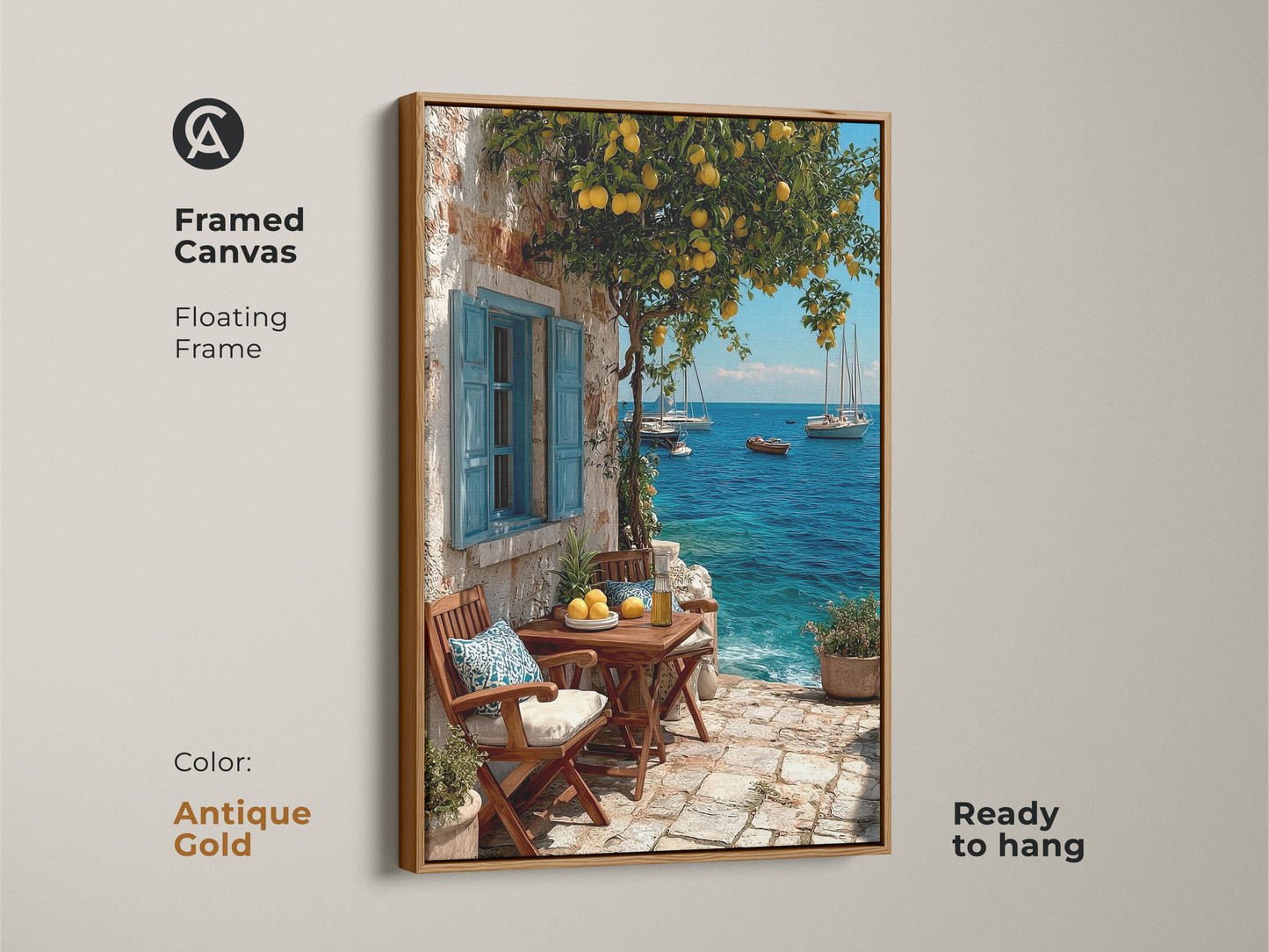 Mediterranean lemon tree artwork framed in antique gold. Coastal sailboat scene with azure ocean. Add a touch of summer with this beautiful canvas. Perfect for beach house dining room decor. A great gift for a beach lover mom. Ready to hang unique travel inspired artwork.