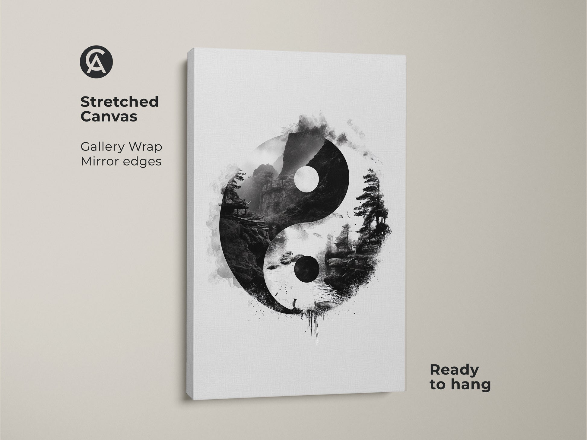 Stretched canvas gallery wrap of a Yin Yang landscape. This Zen pagoda ink wash print offers minimalist monochrome wall art. The black and white spiritual artwork is ready to hang.