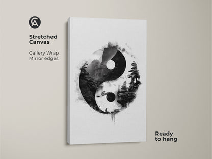 Stretched canvas gallery wrap of a Yin Yang landscape. This Zen pagoda ink wash print offers minimalist monochrome wall art. The black and white spiritual artwork is ready to hang.