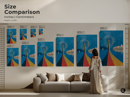 Size comparison of coastal lighthouse abstract art. Pointillism canvas art and posters are shown in a living room setting. Blue yellow and red artwork displayed above a sofa. Perfect for eclectic home decor and nautical themes.