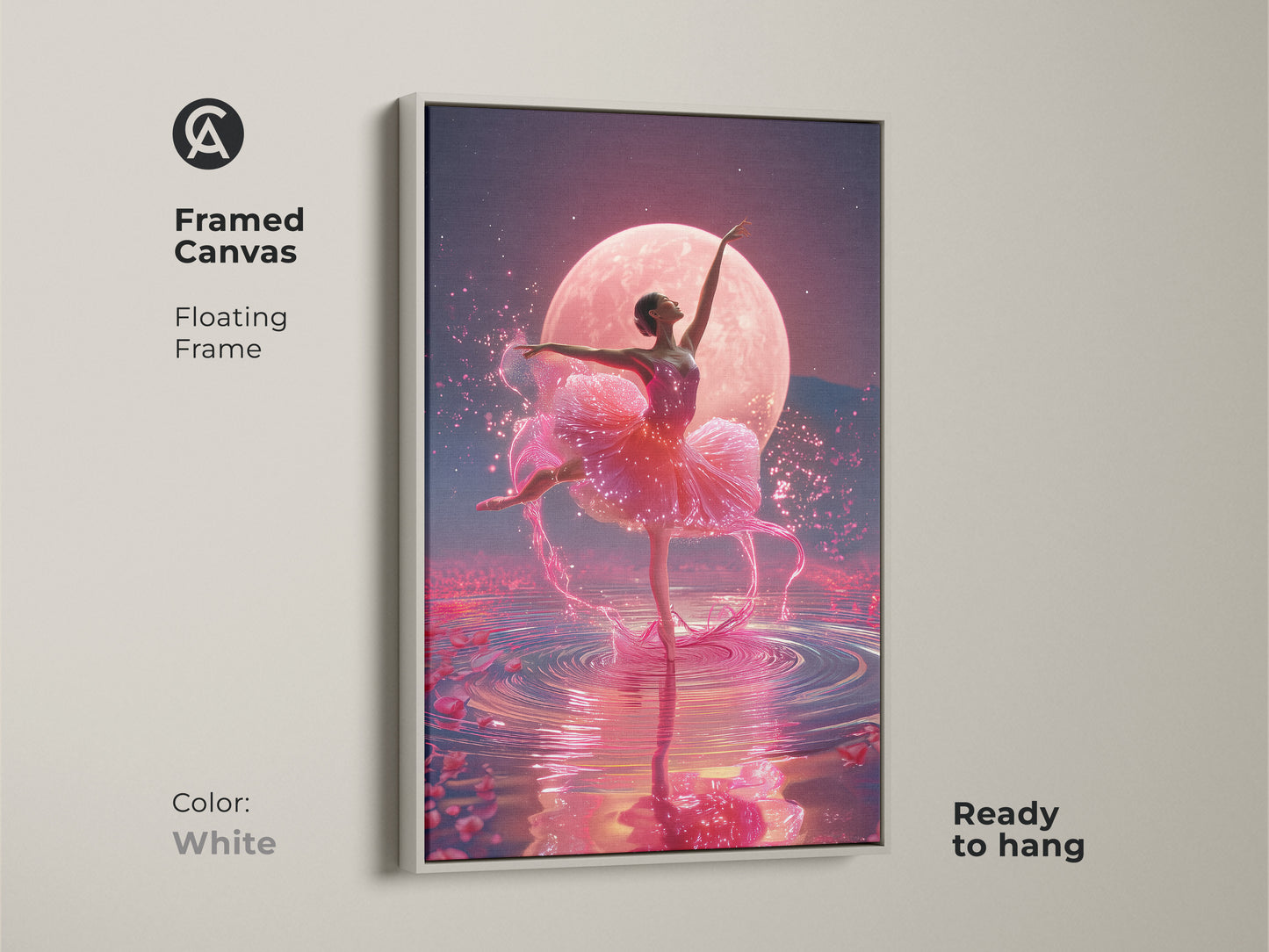 Framed canvas with a floating frame in white showcasing a ballerina under a pink moon ready to hang. This ballet dancer artwork features fuchsia and magenta hues. It's dreamy bedroom decor.