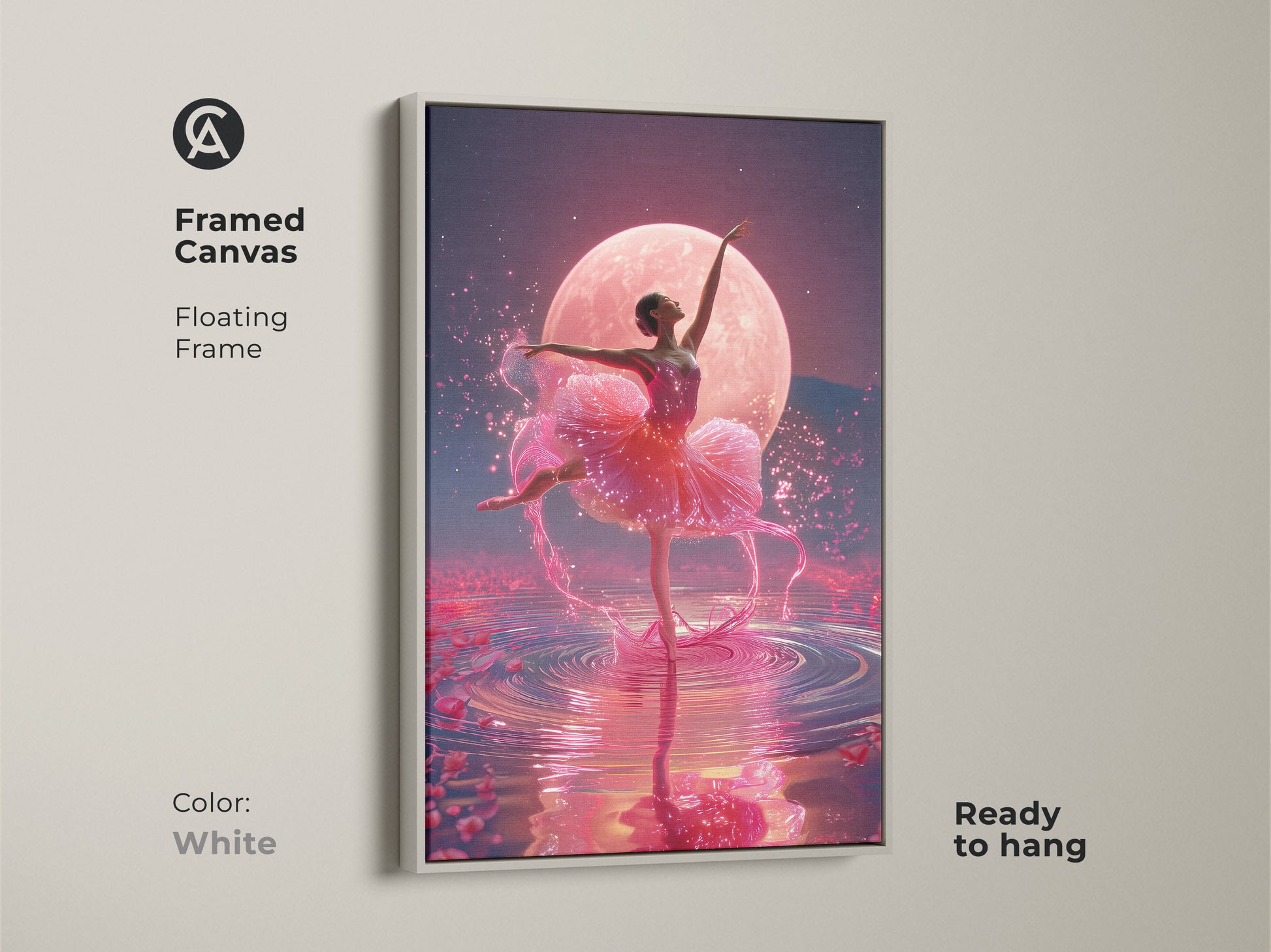 Framed canvas with a floating frame in white showcasing a ballerina under a pink moon ready to hang. This ballet dancer artwork features fuchsia and magenta hues. It's dreamy bedroom decor.