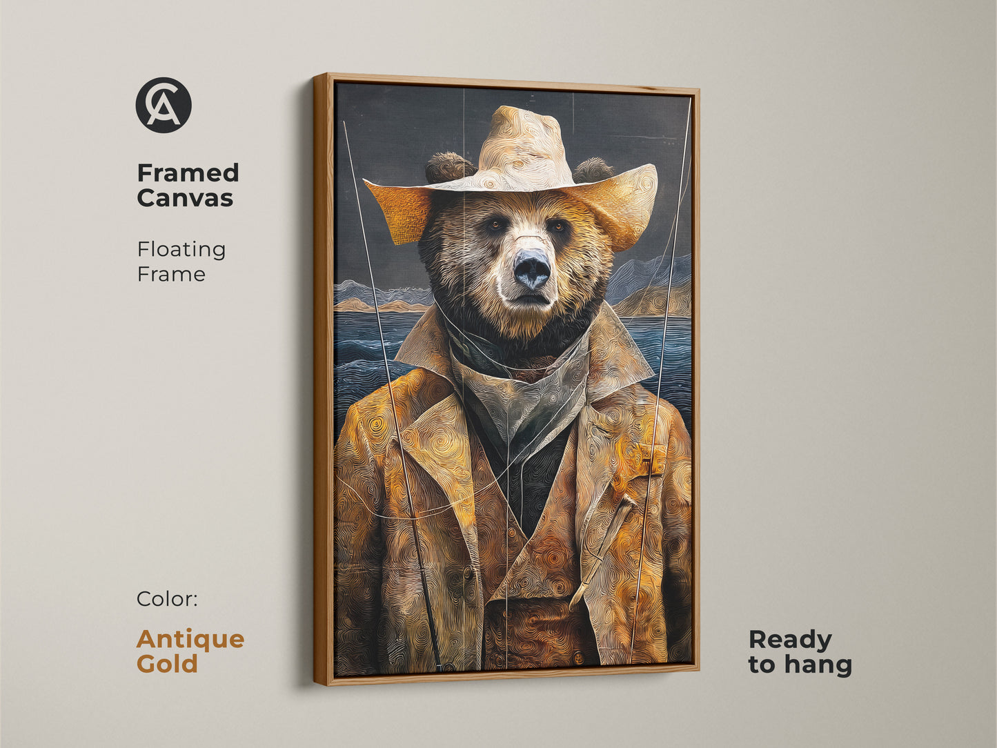 Framed Canvas featuring the golden yellow bear cowboy art in an antique gold floating frame. This rustic animal art print is ready to hang bring adventure theme wall art to any space. It's a unique home decor piece.