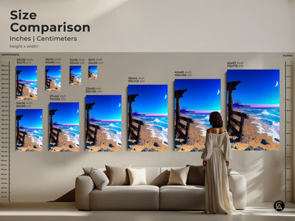 Size comparison chart showcasing sizes in inches and centimeters. This synthwave beach canvas is perfect for boho bedroom decor. The ocean pier wall art comes in multiple sizes to suit your space.