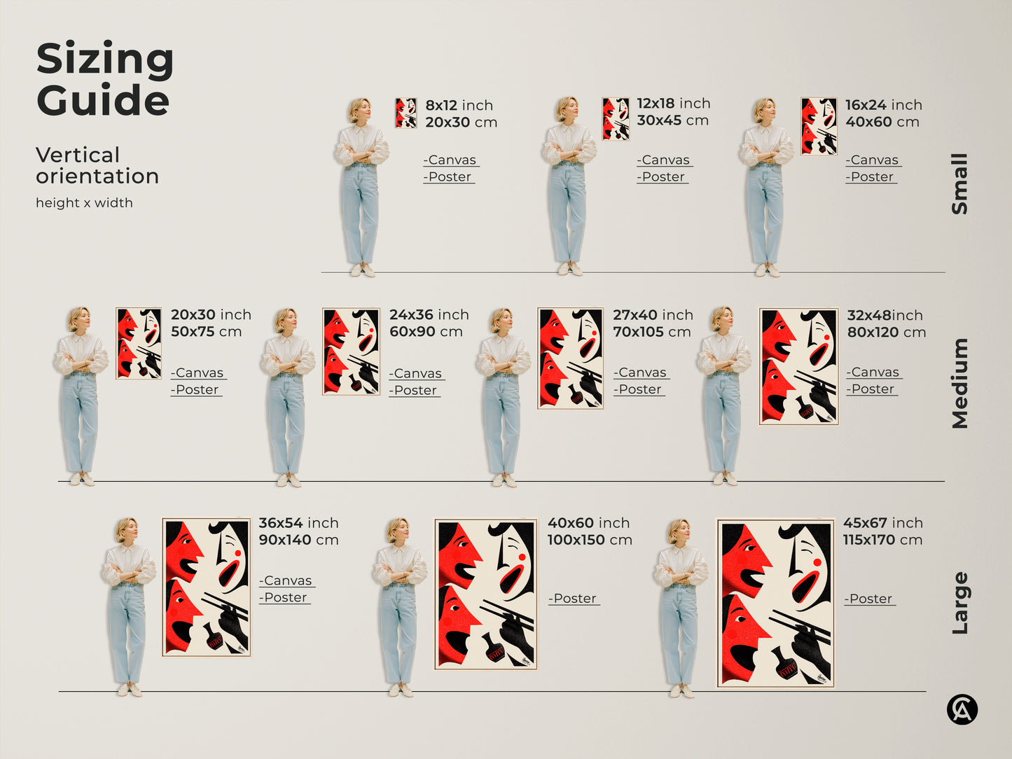 Sizing guide for abstract face artwork showing vertical orientation and height x width. Choose from canvas or poster prints. Sizes range from small to large. This red cream black figurative art will enhance any room. Shop now for modern eclectic home decor. Find the perfect fit for your space.