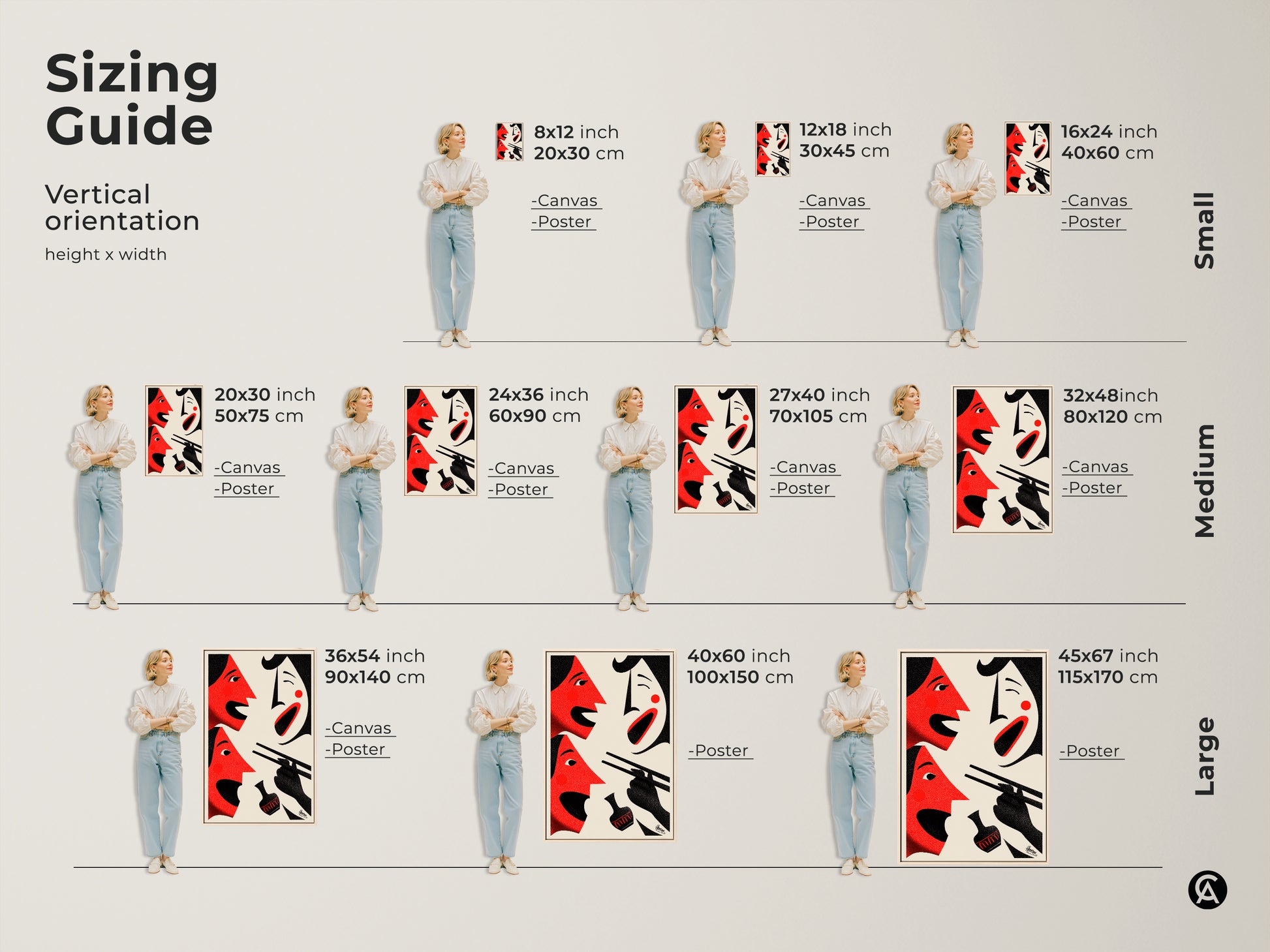 Sizing guide for abstract face artwork showing vertical orientation and height x width. Choose from canvas or poster prints. Sizes range from small to large. This red cream black figurative art will enhance any room. Shop now for modern eclectic home decor. Find the perfect fit for your space.