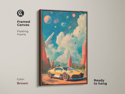 A yellow sports car and rocket ship canvas print with an antique gold floating frame. This sci-fi automotive artwork enhances any room. The framed canvas is ready to hang. Ideal for eclectic art collectors or car lovers seeking unique wall decor.