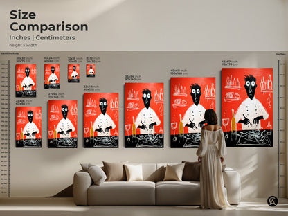 This size comparison shows the chef with spaghetti artwork in various dimensions. Visualize the red abstract kitchen wall art canvas in your space. A perfect fit for eclectic home decor adding modern folk art charm. Ideal art for chefs and home cooks.