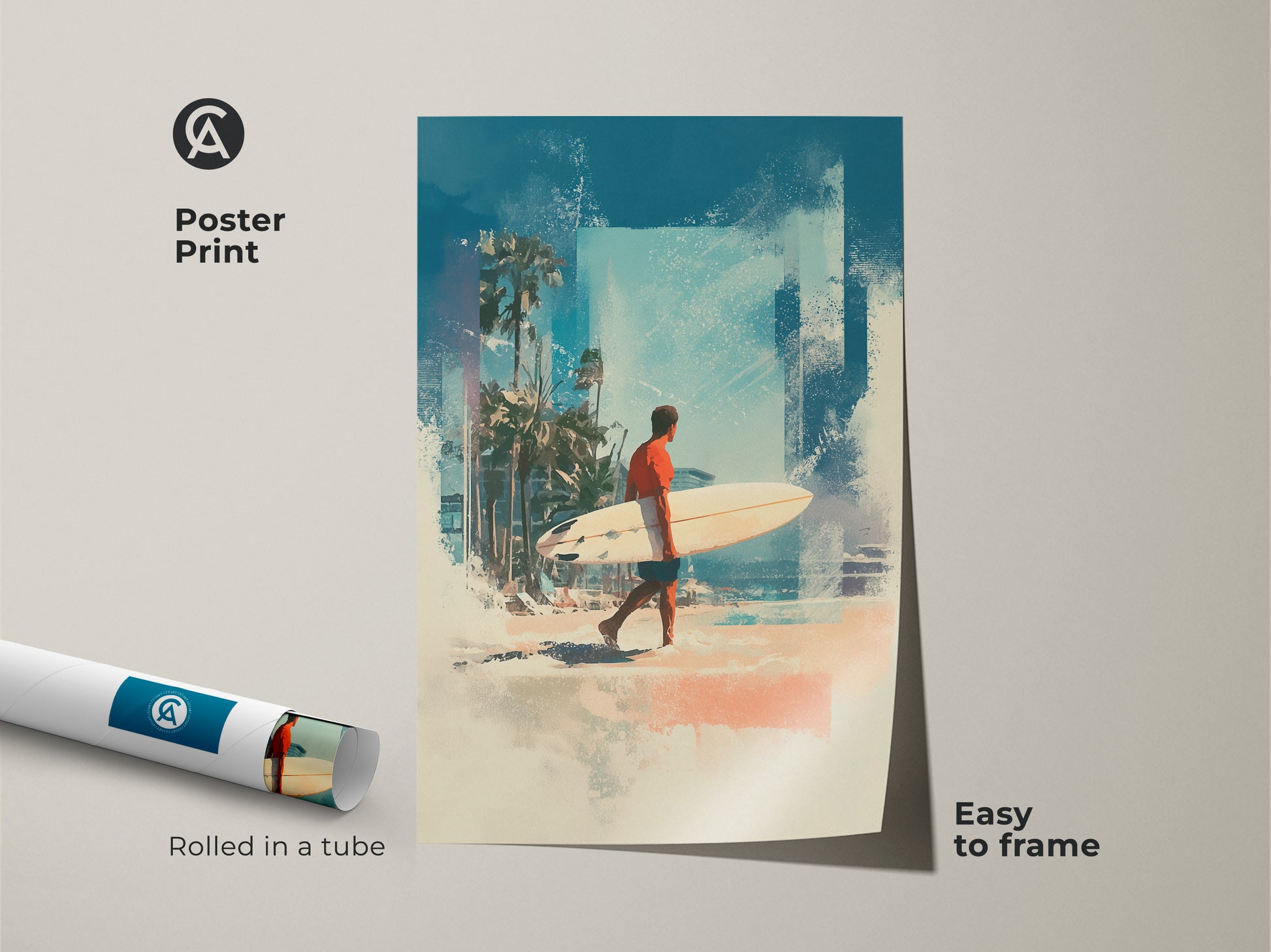 Bring the beach to your walls with this vibrant poster print. The artwork shows a surfer walking along the shore with his surfboard. Palm trees line the coast in the background. This easy-to-frame poster is a great way to add a touch of summer to any room. Get your beach art now.