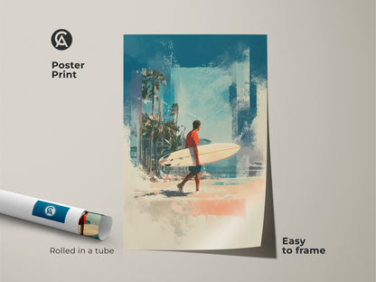 Bring the beach to your walls with this vibrant poster print. The artwork shows a surfer walking along the shore with his surfboard. Palm trees line the coast in the background. This easy-to-frame poster is a great way to add a touch of summer to any room. Get your beach art now.