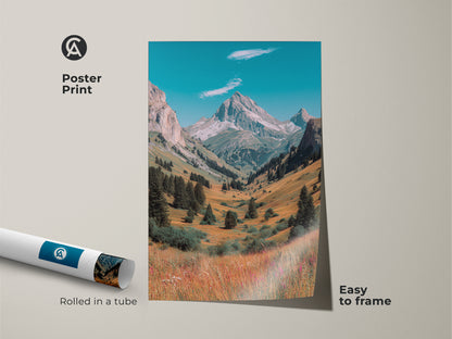 Poster print of a mountain valley landscape. The art print comes rolled in a tube. It is easy to frame. The artwork presents a picturesque mountain scene with vibrant colors and sharp detail.
