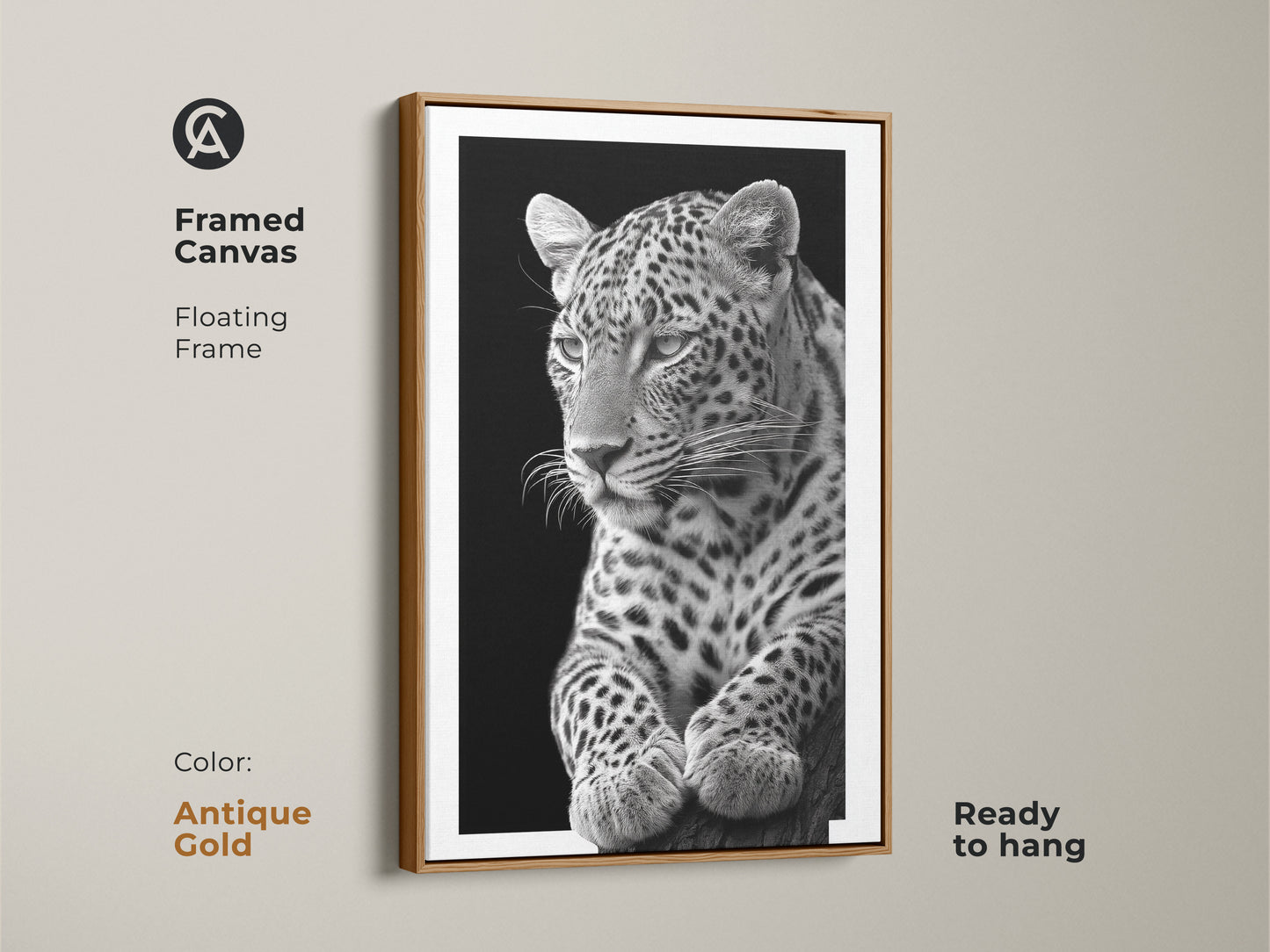 Antique gold framed canvas featuring a monochrome leopard. The floating frame enhances the photorealistic artwork. Elevate your office with this jungle cat wall decor. Shop modern wildlife art today!