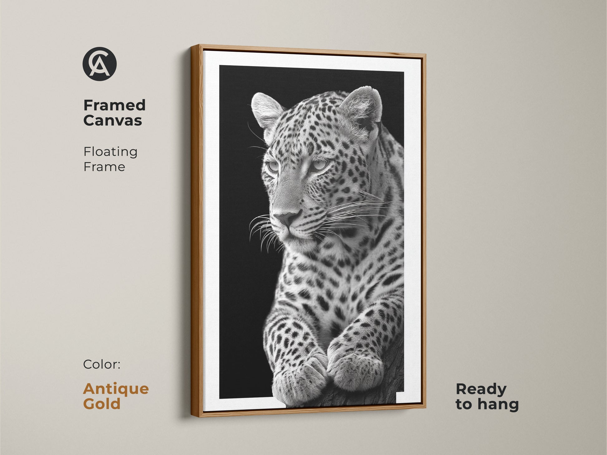 Antique gold framed canvas featuring a monochrome leopard. The floating frame enhances the photorealistic artwork. Elevate your office with this jungle cat wall decor. Shop modern wildlife art today!