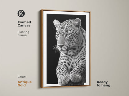 Antique gold framed canvas featuring a monochrome leopard. The floating frame enhances the photorealistic artwork. Elevate your office with this jungle cat wall decor. Shop modern wildlife art today!