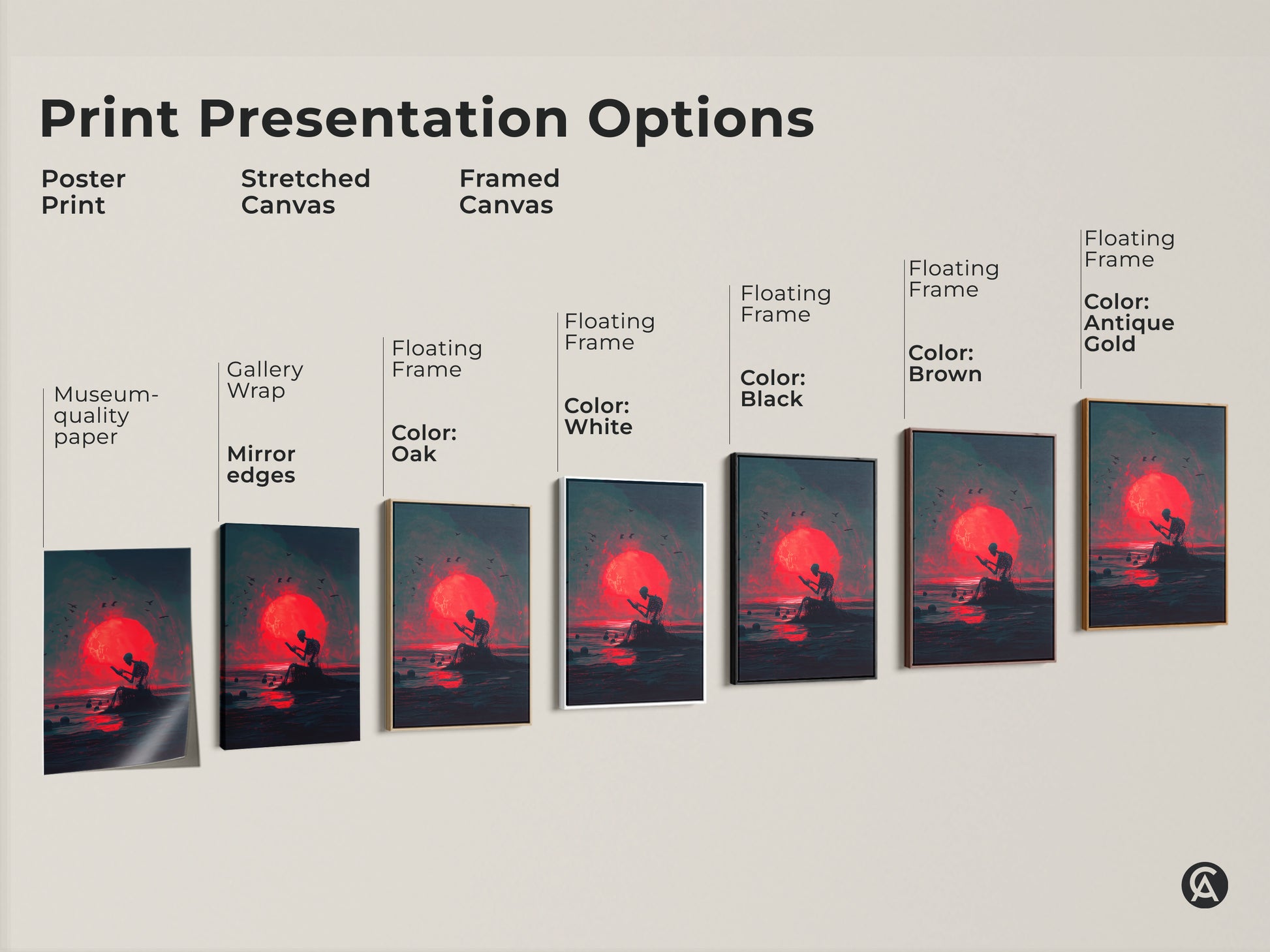 This image showcases various print presentation options for artwork. Options include a poster print a stretched canvas and a framed canvas. Multiple frame colors are available. Find the perfect style for your home.