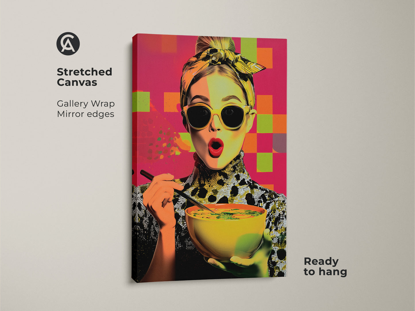 Stretched canvas gallery wrap of a pop art woman eating soup. The mirror edges enhance the contemporary kitchen wall art. This foodie gift for her features yellow orange and pink abstract art. Ready to hang this modern woman portrait canvas makes a statement. It's a colorful kitchen decor print.