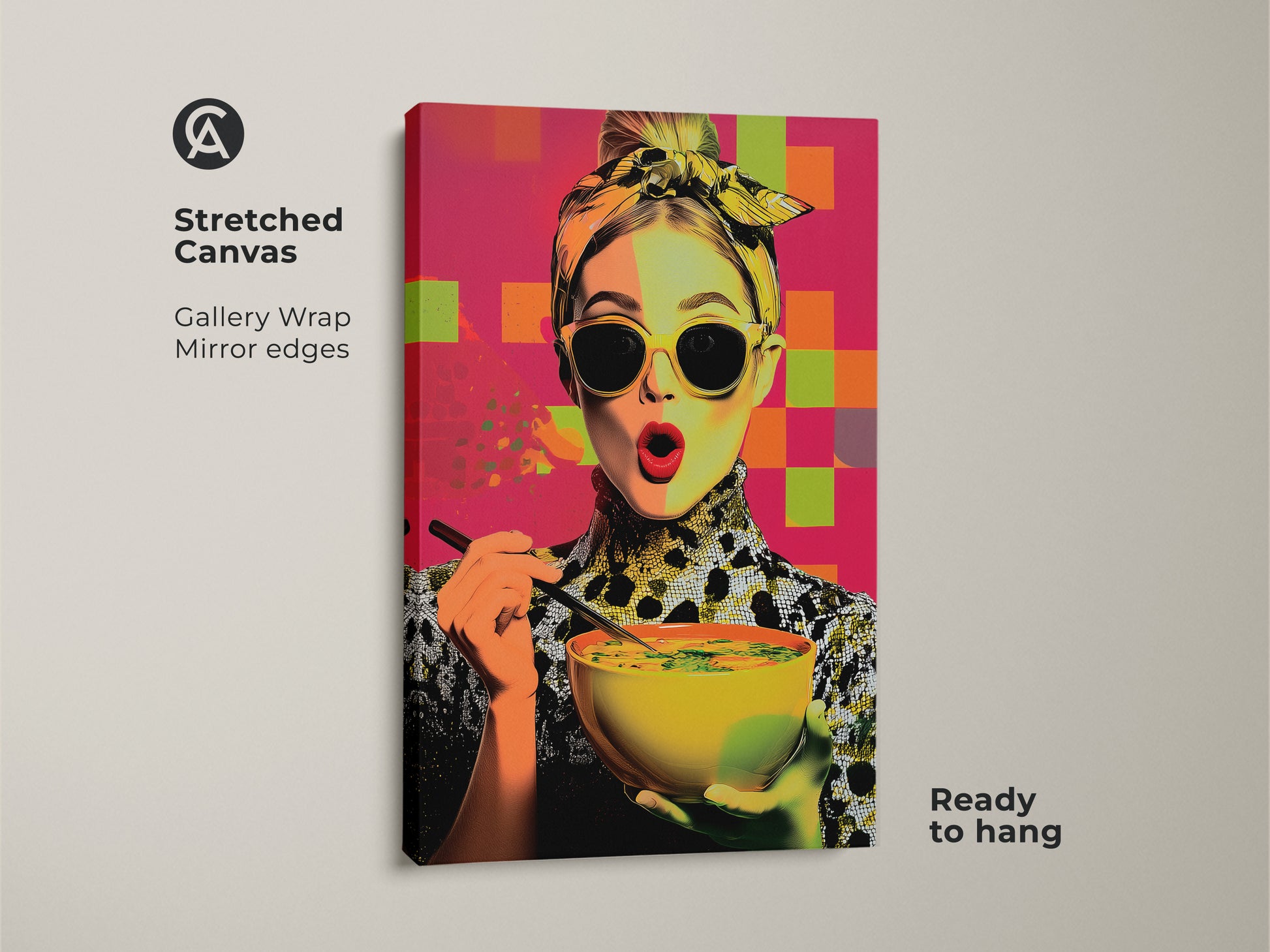 Stretched canvas gallery wrap of a pop art woman eating soup. The mirror edges enhance the contemporary kitchen wall art. This foodie gift for her features yellow orange and pink abstract art. Ready to hang this modern woman portrait canvas makes a statement. It's a colorful kitchen decor print.