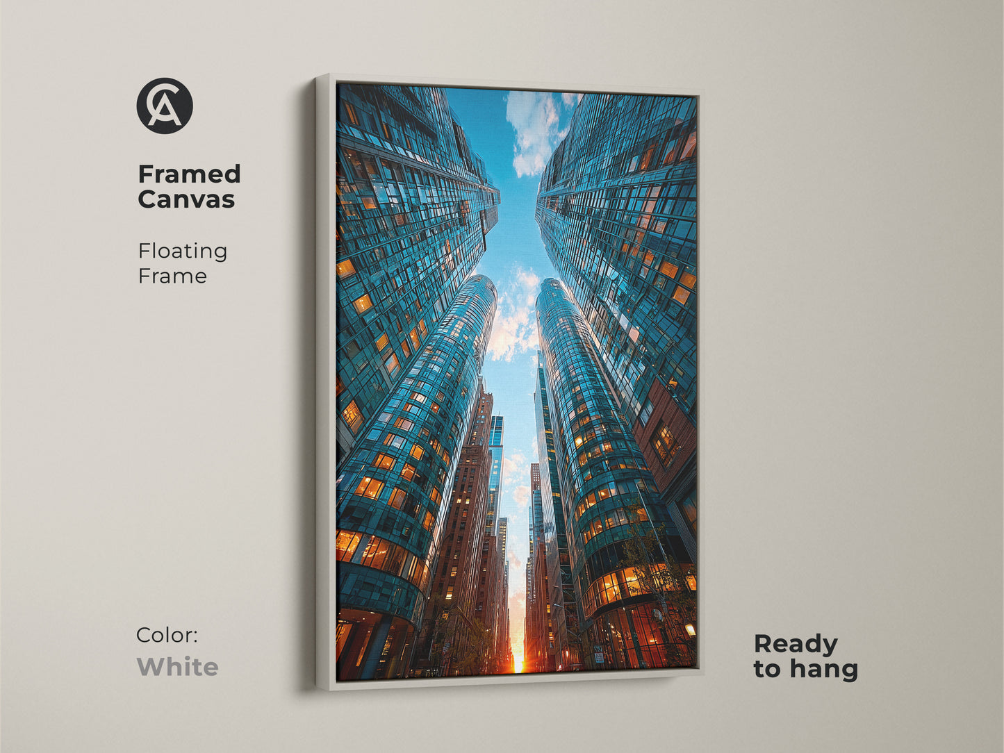 This framed canvas showcases a modern cityscape with blue and orange skyscrapers. The contemporary urban artwork is framed in white. This architectural art print is versatile for city dwellers. Adds a stylish touch to modern homes and workplaces. Ready to hang.