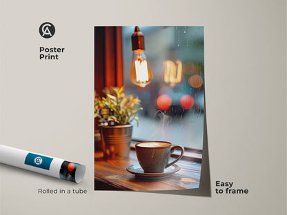 Poster print featuring latte art in a cozy cafe setting. The rustic coffee cup artwork is rolled in a tube for easy framing. The beige brown orange wall art brings a coffee shop ambiance to your home. Perfect housewarming gift.
