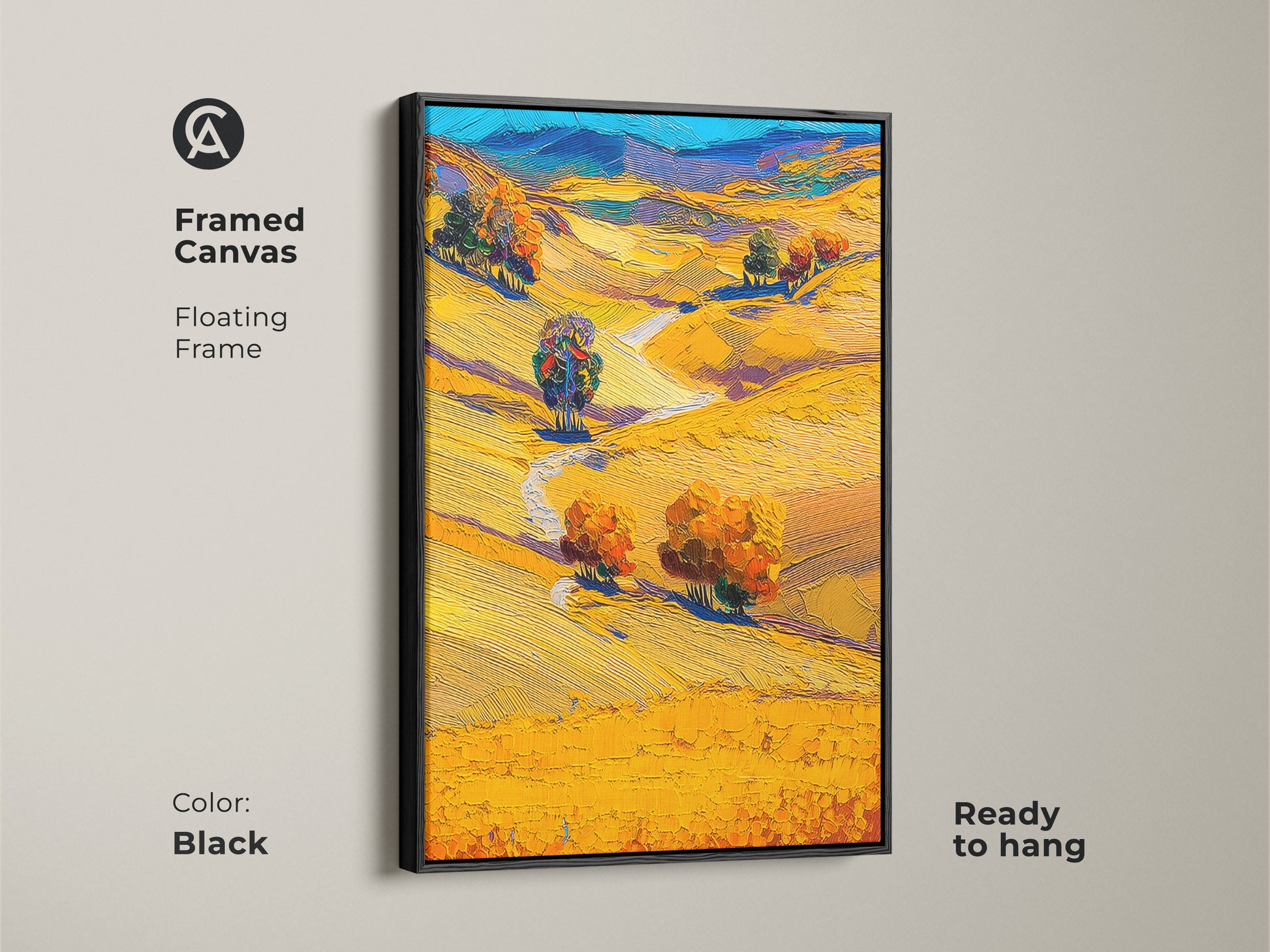 Framed Canvas with floating black frame showcasing Golden Yellow Landscape. It's an impressionistic artwork of trees and hills that brings nature indoors. This autumn nature artwork provides a contemporary feel. It's perfect as bedroom wall art in golden hues or living room art. It's ready to hang offering instant elegance.