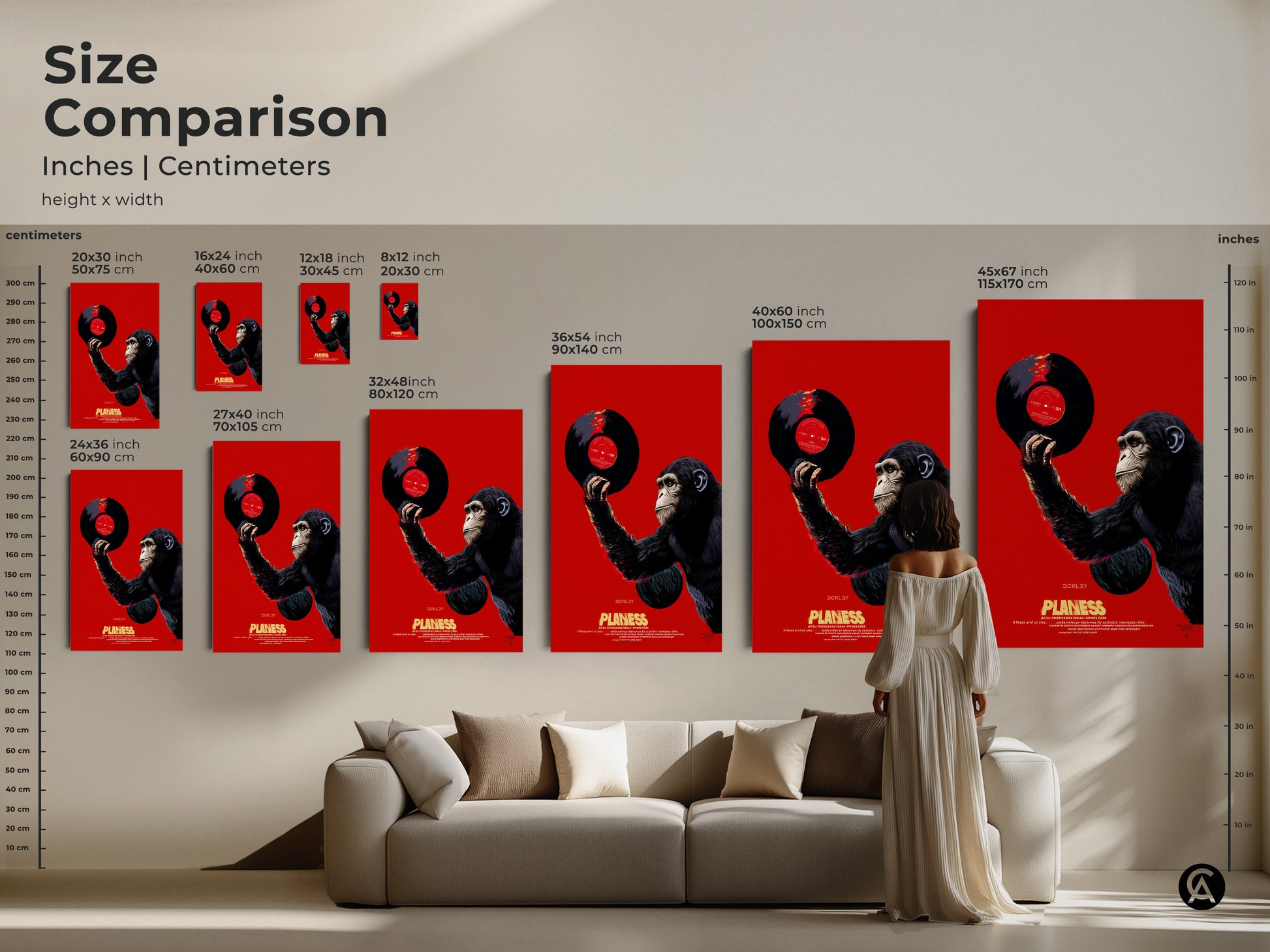 Size comparison of the chimpanzee vinyl record artwork. See how this retro pop art fits in various room settings. The eclectic music wall art is available in multiple dimensions. The chimpanzee portrait canvas adds a unique touch. Perfect for music enthusiasts and art collectors.