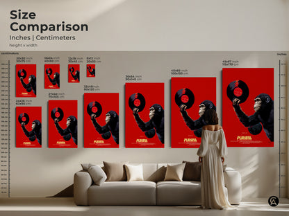Size comparison of the chimpanzee vinyl record artwork. See how this retro pop art fits in various room settings. The eclectic music wall art is available in multiple dimensions. The chimpanzee portrait canvas adds a unique touch. Perfect for music enthusiasts and art collectors.