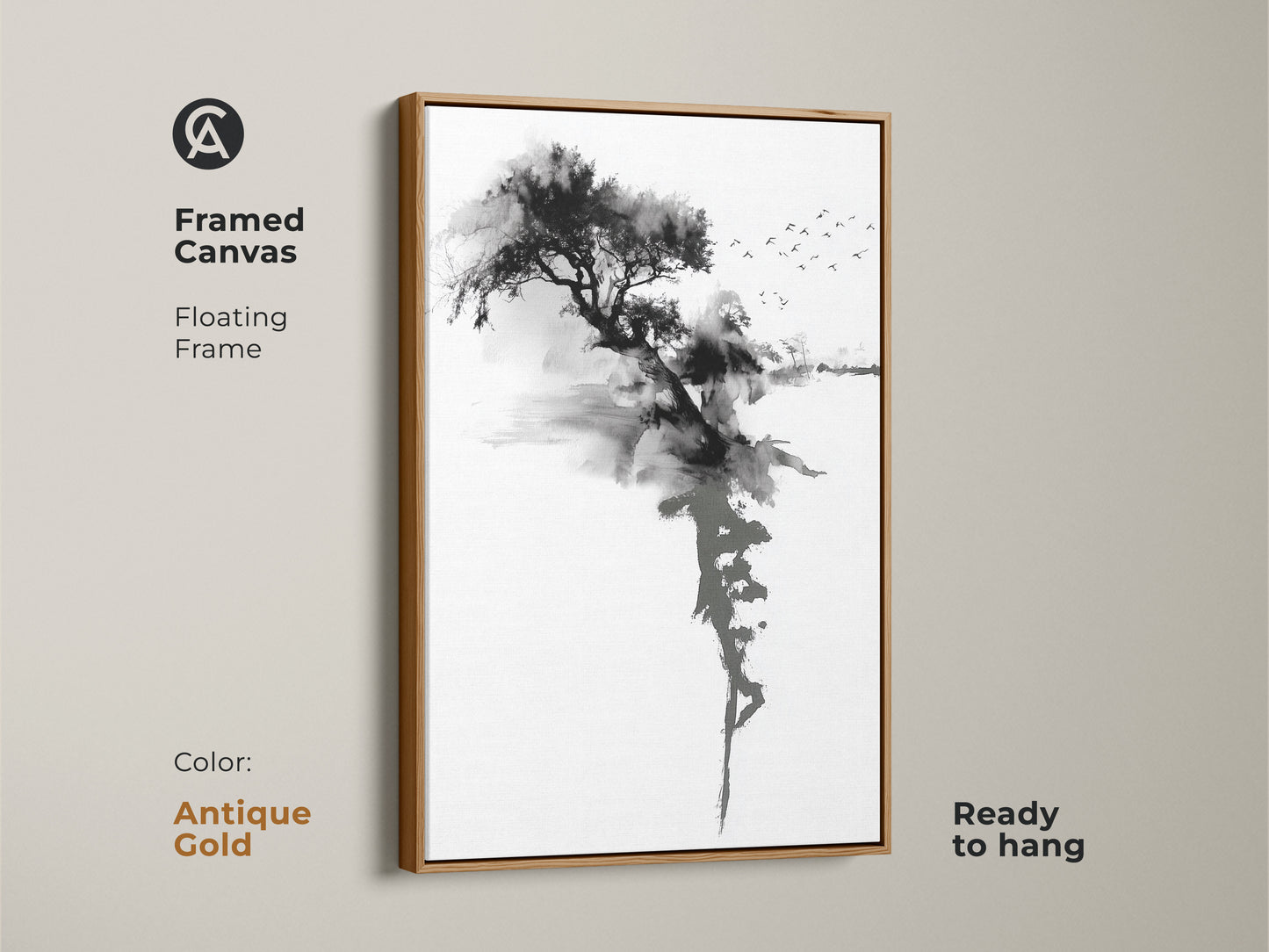 Antique Gold framed canvas with Ink Wash Tree artwork. Minimalist Sumi-e print adds natural beauty. Black and white colors create a tranquil nature scene. Ready to hang fine art landscape.