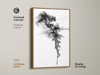 Antique Gold framed canvas with Ink Wash Tree artwork. Minimalist Sumi-e print adds natural beauty. Black and white colors create a tranquil nature scene. Ready to hang fine art landscape.