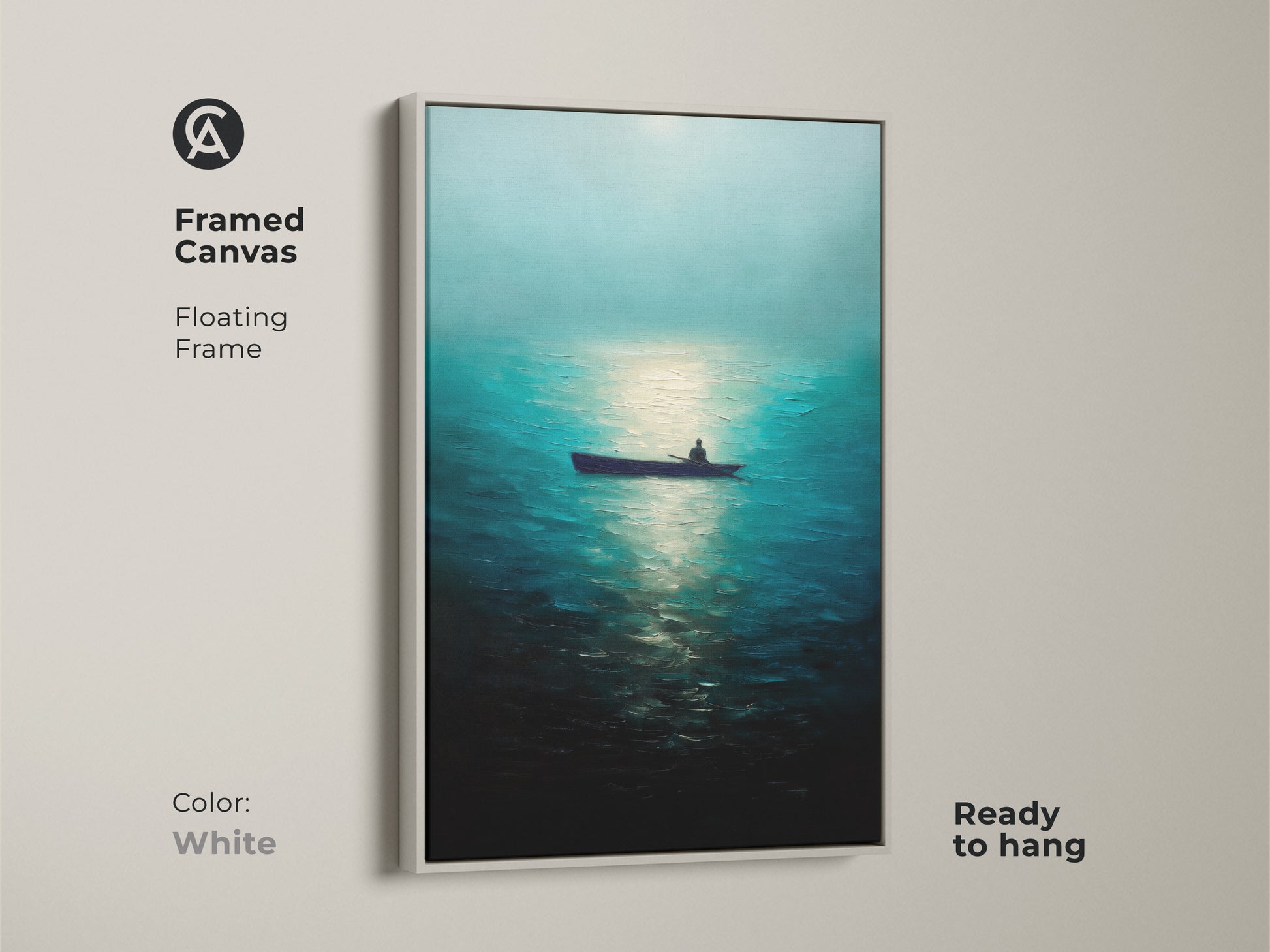 Framed canvas art featuring a man in a rowboat on a deep blue ocean. White floating frame enhances this minimalist nature artwork. Ready to hang for immediate enjoyment. This ocean view canvas brings a calming touch to your home.