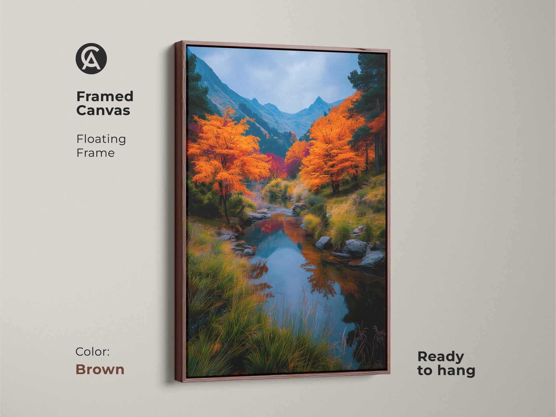 A framed canvas art featuring a river landscape with vibrant fall colors and a brown floating frame. This ready-to-hang piece adds a touch of nature to any room. The warm tones and tranquil scene enhance your home decor.