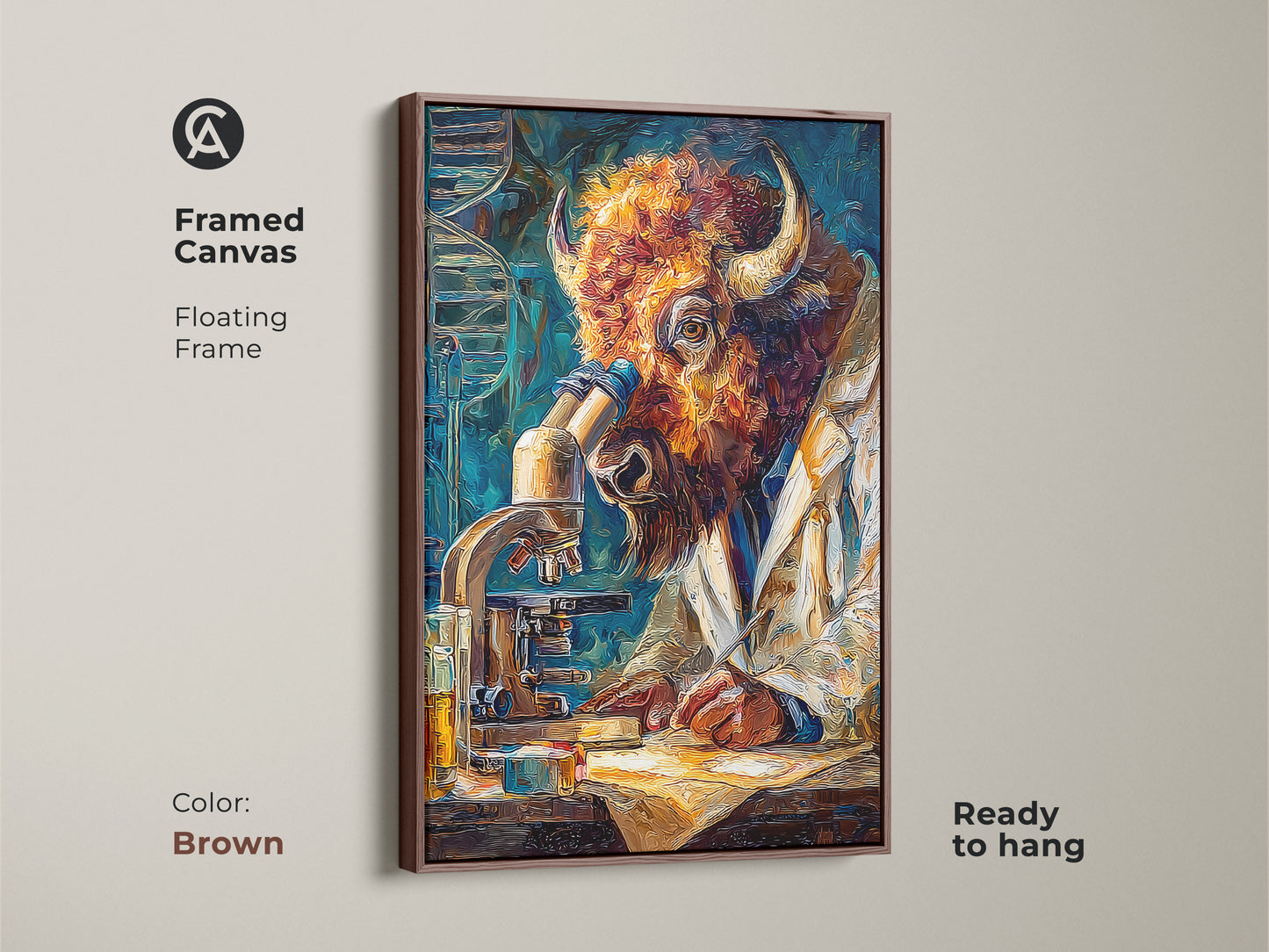 Framed canvas art featuring a buffalo scientist in a brown floating frame. Ready to hang this piece brings a unique blend of nature and science to your decor. The warm tones enhance any room. Order now to elevate your wall art collection.