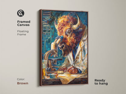 Framed canvas art featuring a buffalo scientist in a brown floating frame. Ready to hang this piece brings a unique blend of nature and science to your decor. The warm tones enhance any room. Order now to elevate your wall art collection.