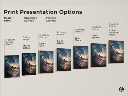 Explore print presentation options for this surfer wave artwork. Choose from poster prints stretched canvas and framed canvas. Select the perfect style to match your taste. Each option captures the beauty and power of the ocean. Find your ideal piece today.