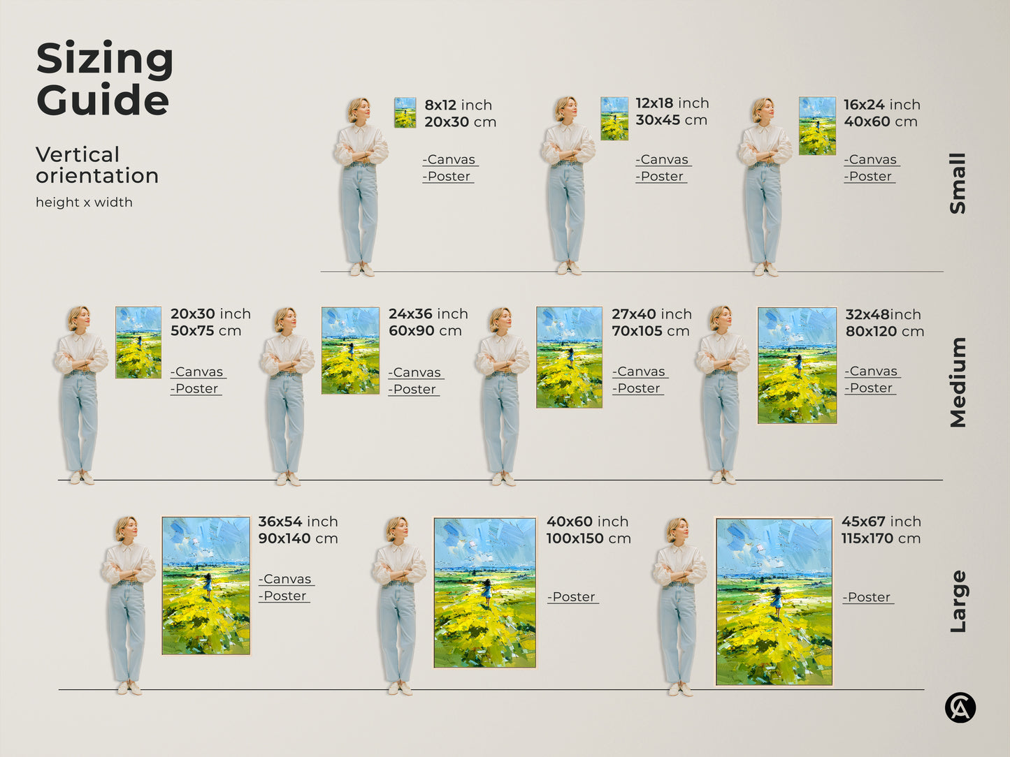 Sizing Guide showcasing various vertical orientation options. Choose from small medium and large sizes. Available in canvas and poster options. Find the perfect fit for your space with dimensions ranging from 8x12 inches to 45x67 inches. Visualize the artwork in different sizes.