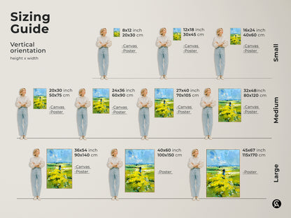 Sizing Guide showcasing various vertical orientation options. Choose from small medium and large sizes. Available in canvas and poster options. Find the perfect fit for your space with dimensions ranging from 8x12 inches to 45x67 inches. Visualize the artwork in different sizes.