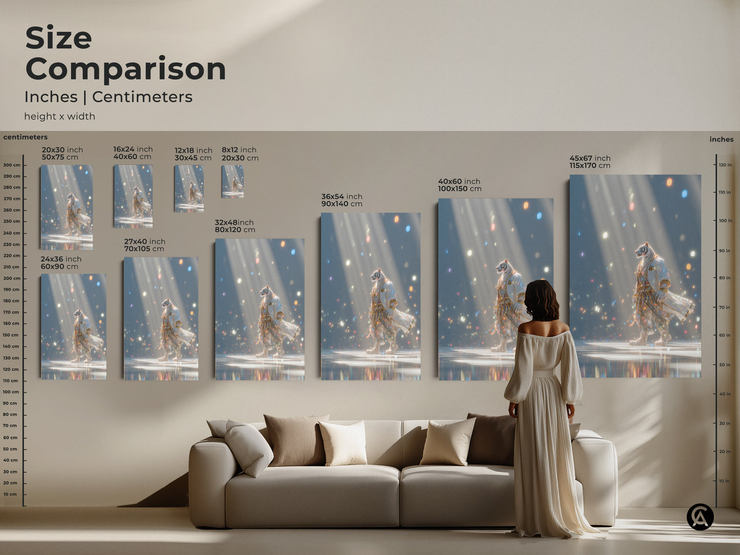 A size comparison of the tiger in a robe artwork. See how the art looks in different sizes compared to a sofa and a person. Sizes range from small to large. Find the perfect size for your home decor.