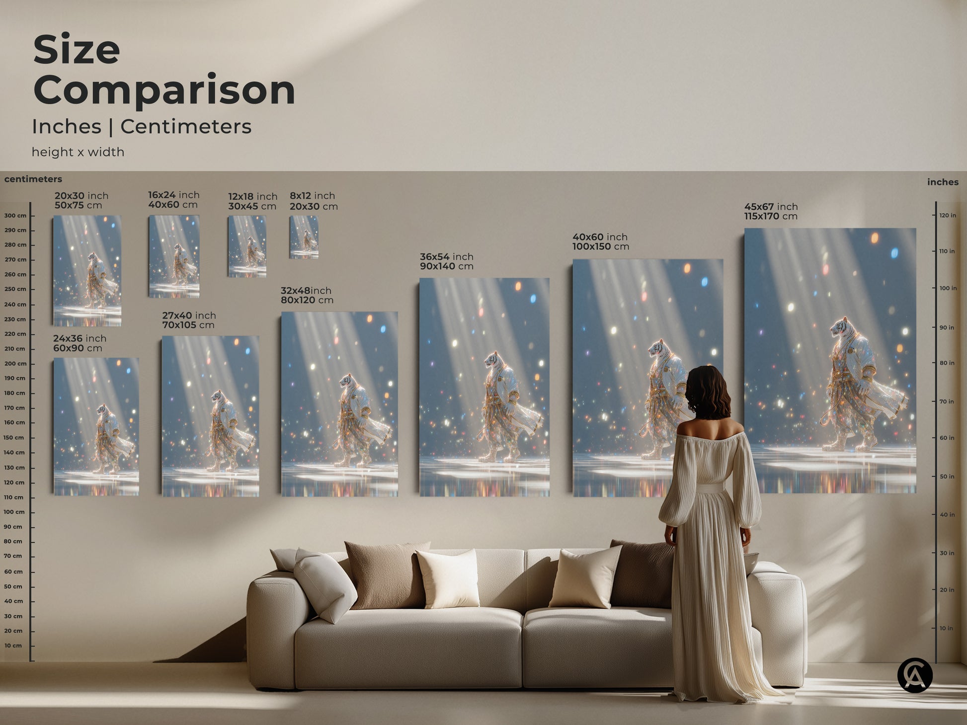 A size comparison of the tiger in a robe artwork. See how the art looks in different sizes compared to a sofa and a person. Sizes range from small to large. Find the perfect size for your home decor.