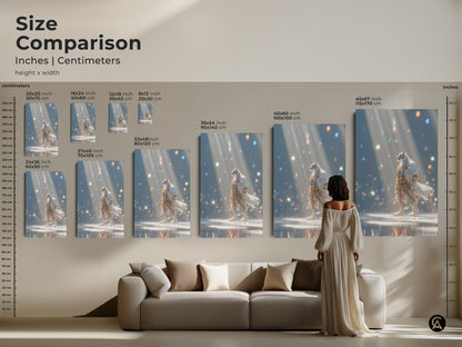 A size comparison of the tiger in a robe artwork. See how the art looks in different sizes compared to a sofa and a person. Sizes range from small to large. Find the perfect size for your home decor.