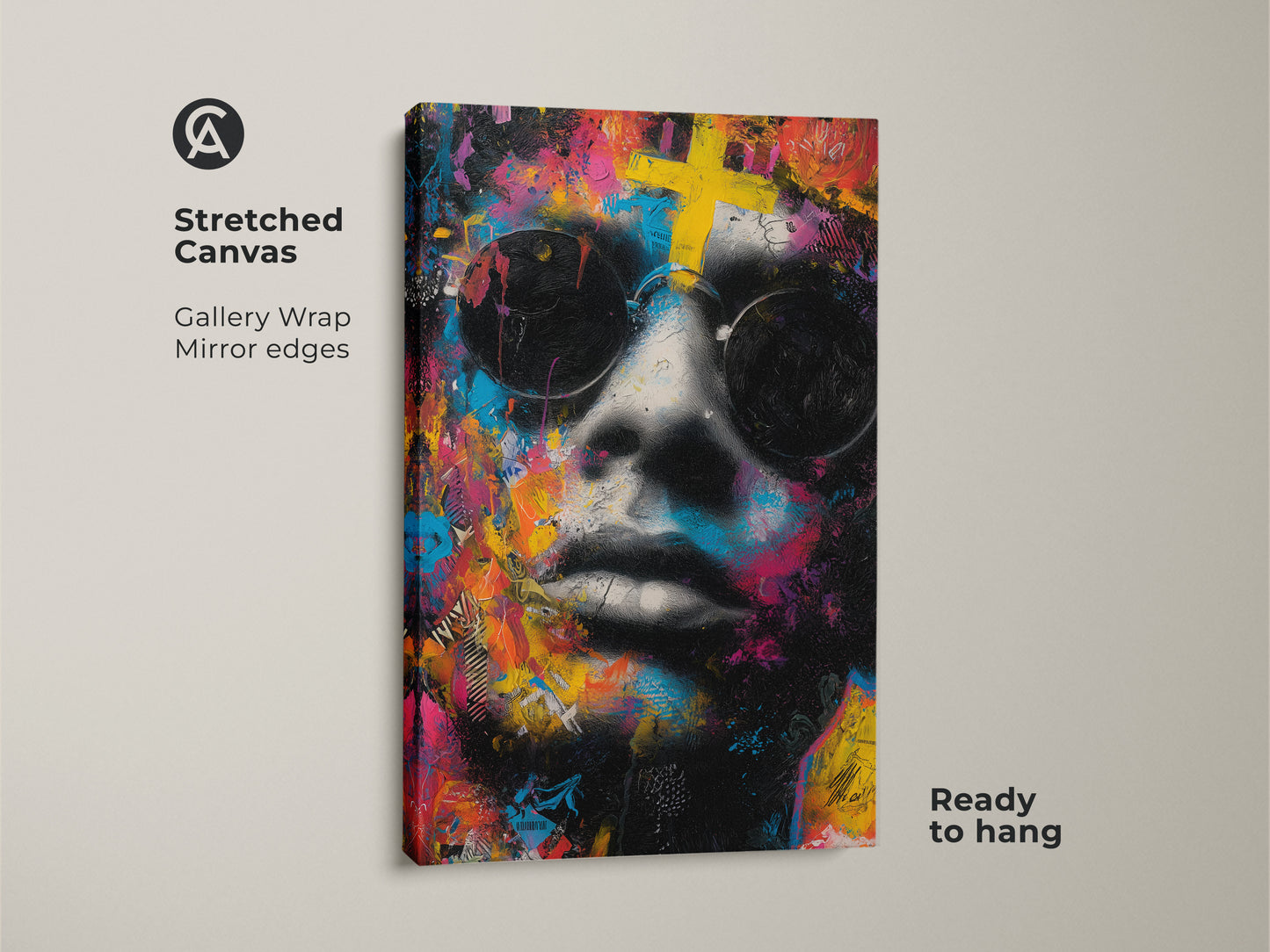 Stretched canvas art featuring a face with sunglasses. Gallery wrap with mirror edges adds a modern touch. This canvas art is ready to hang. The colorful artwork will enhance any living room decor.