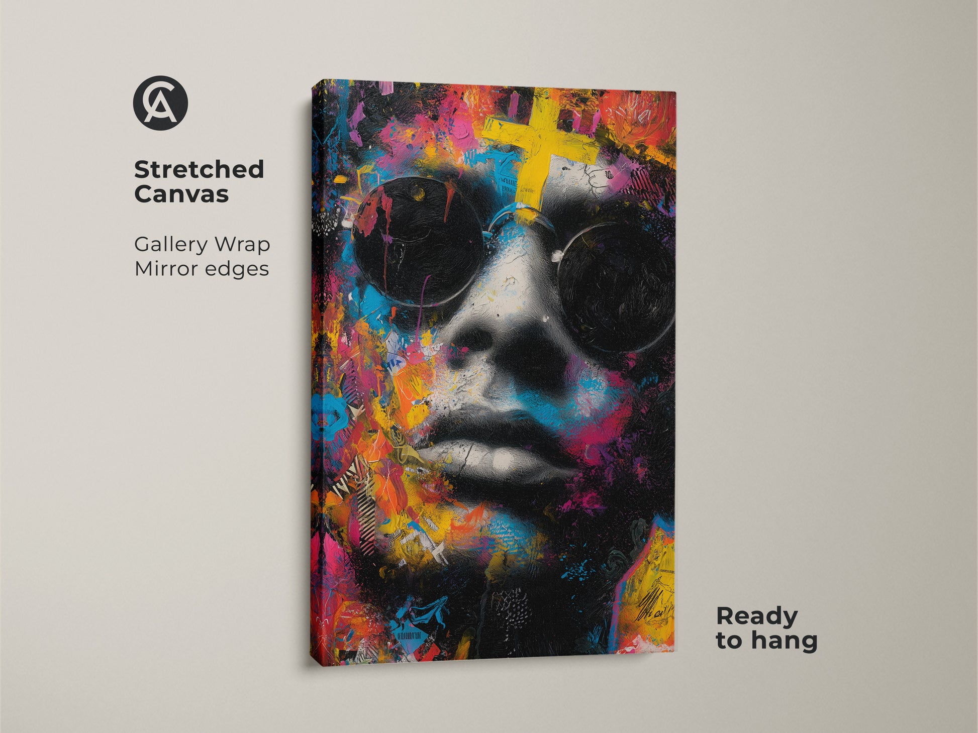 Stretched canvas art featuring a face with sunglasses. Gallery wrap with mirror edges adds a modern touch. This canvas art is ready to hang. The colorful artwork will enhance any living room decor.