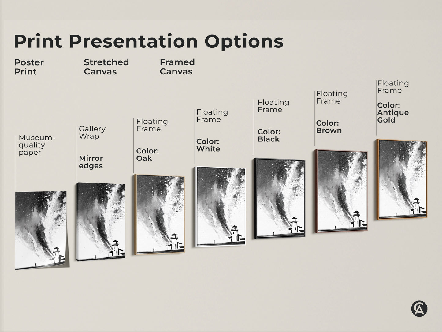 Explore print presentation options: poster print stretched canvas framed canvas. Each showcases black white abstract lighthouse art. Consider museum quality paper gallery wrap or floating frame. Pick a piece of home office abstract decor today