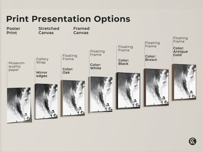 Explore print presentation options: poster print stretched canvas framed canvas. Each showcases black white abstract lighthouse art. Consider museum quality paper gallery wrap or floating frame. Pick a piece of home office abstract decor today