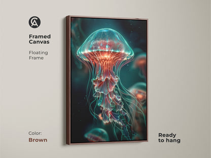 Brown framed canvas showcasing jellyfish artwork. The floating frame adds sophistication to the piece. This ready to hang artwork brings an aquatic touch to your decor. The brown frame complements the jellyfish art creating a warm feel.
