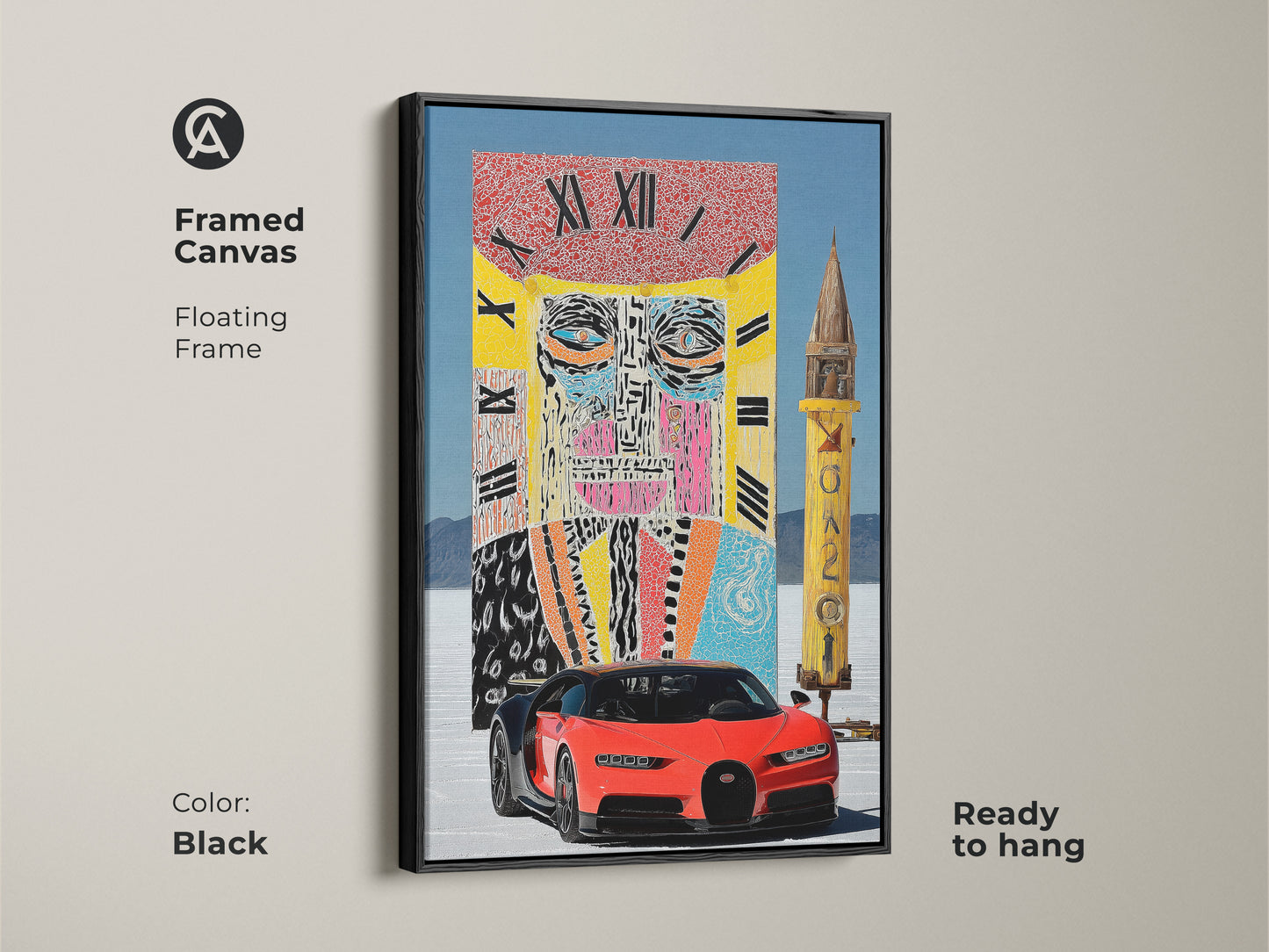 A framed canvas features abstract face clock and sports car art. The floating frame adds a touch of elegance. This canvas art is ready to hang. Perfect for adding a modern eclectic touch. The black frame complements the artwork's vibrant colors. A statement piece for any space.