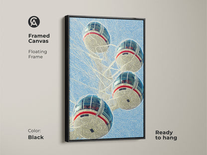 Experience the sophistication of our framed London Eye canvas artwork. Featuring a black floating frame this contemporary cityscape art print is ready to hang. It adds a touch of modern city view to any room enhancing your home decor.