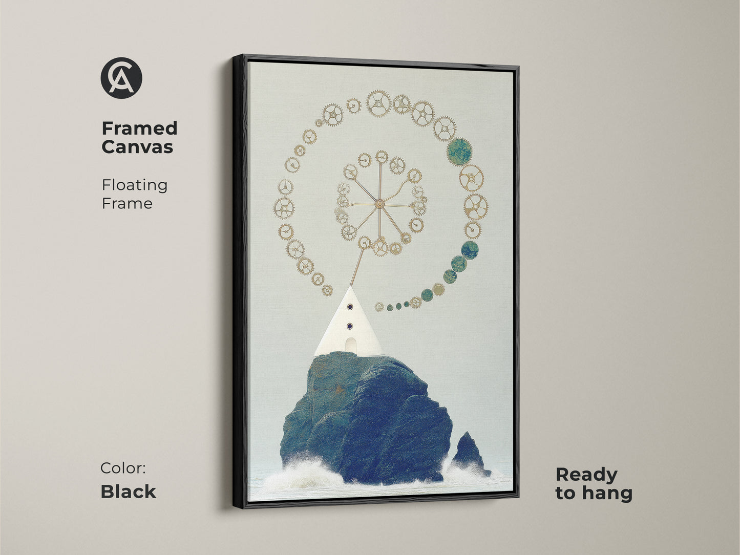 Steampunk lighthouse framed canvas in black. The floating frame enhances the surreal nautical art. This navy gold teal artwork is ready to hang. It's a unique addition to any creative workspace.  A perfect eclectic wall art gift.