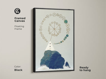 Steampunk lighthouse framed canvas in black. The floating frame enhances the surreal nautical art. This navy gold teal artwork is ready to hang. It's a unique addition to any creative workspace.  A perfect eclectic wall art gift.