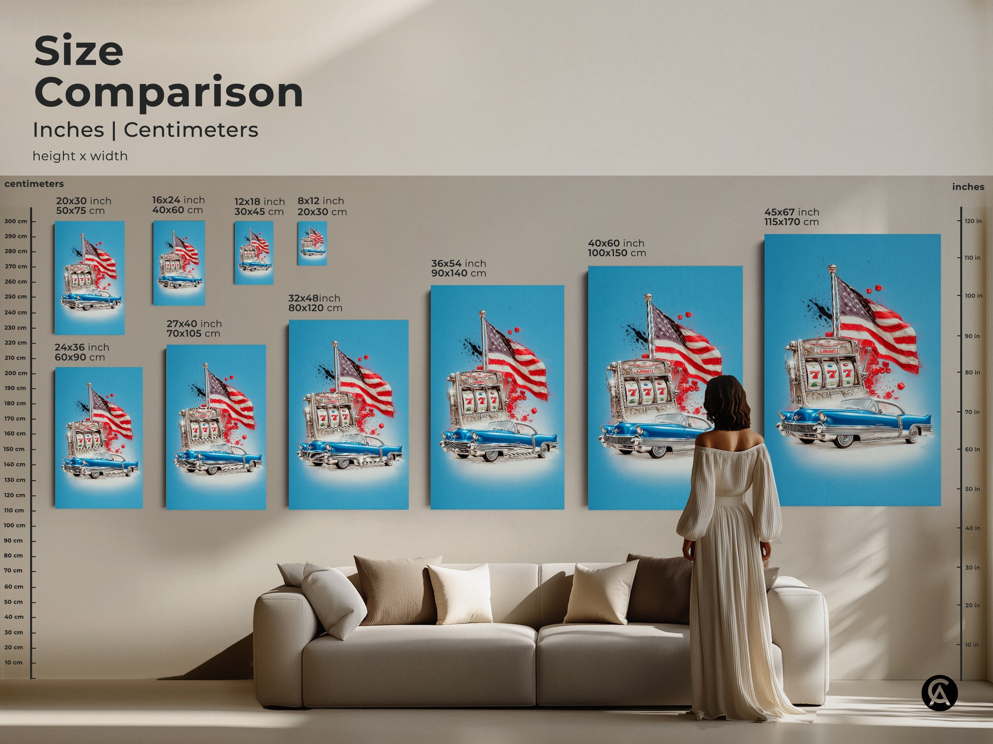 Size comparison for retro canvas art inches centimeters. Classic car slot machine and American Flag displayed. Choose from 8x12 to 45x67 inches to enhance your decor. This scale shows how each size fits above furniture for your office or home.