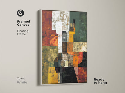 White framed canvas of abstract geometric artwork creates a clean modern look. The contemporary canvas is ready to hang. The terracotta orange green hues add warmth to the artwork.